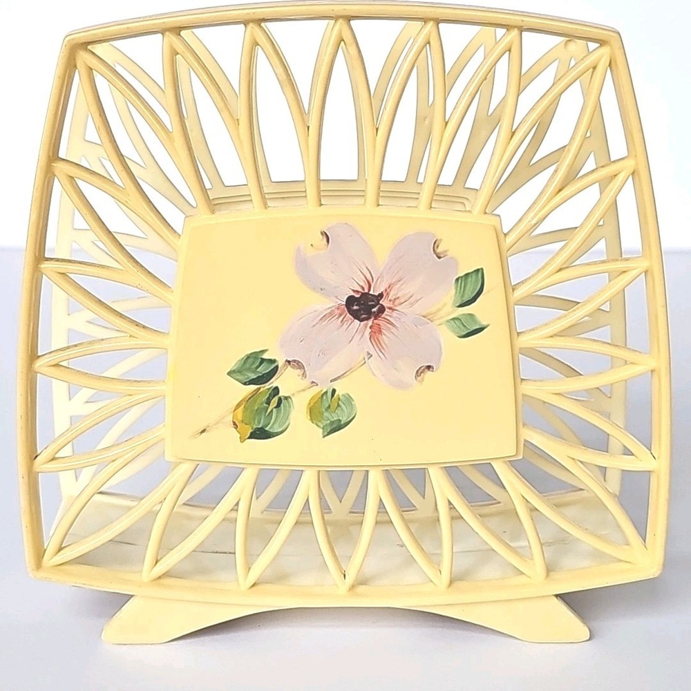 Vintage 1970s MCM Yellow Gold Plastic Purple Pansy Napkin Holder Boho Retro 1904